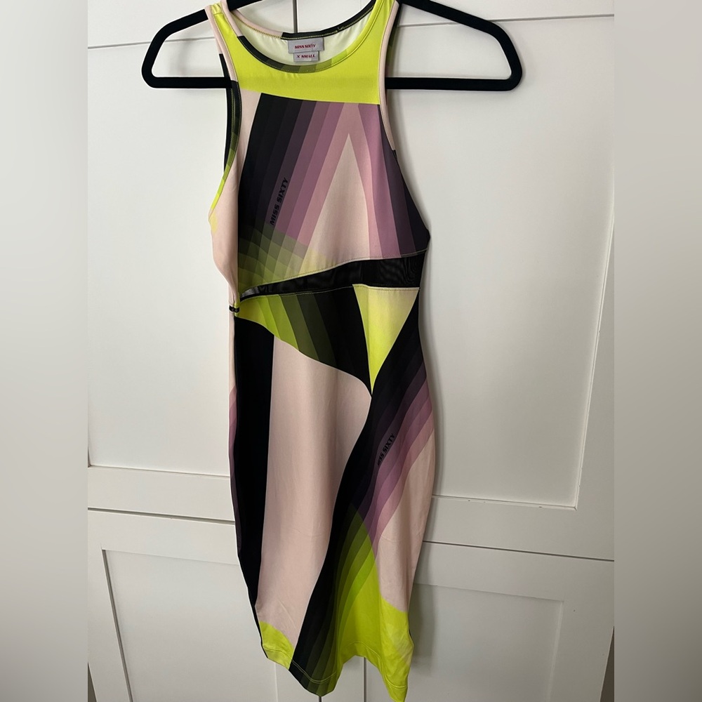 Miss Sixty Asymmetrical Dress in Black, Pink, and Yellow XS